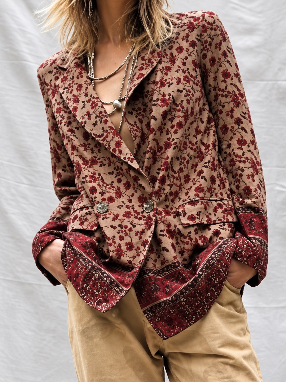 Free People Bellflower Double Breasted Blazer in Tobacco Combo - XS